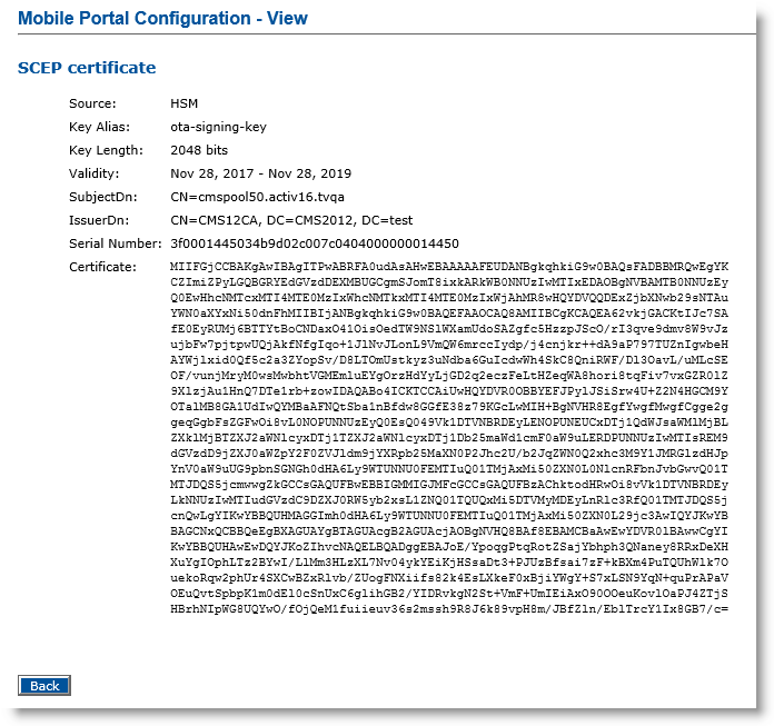Mobile Portal Configuration - View dialog box for the SCEP certificate displaying the certificate details